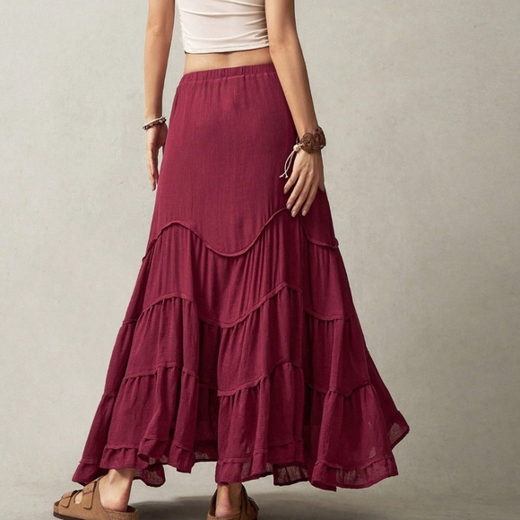Plus Solid Stretchy Drawstring Waist Ruffle Hem Maxi Skirt - Picture 5 of 7
